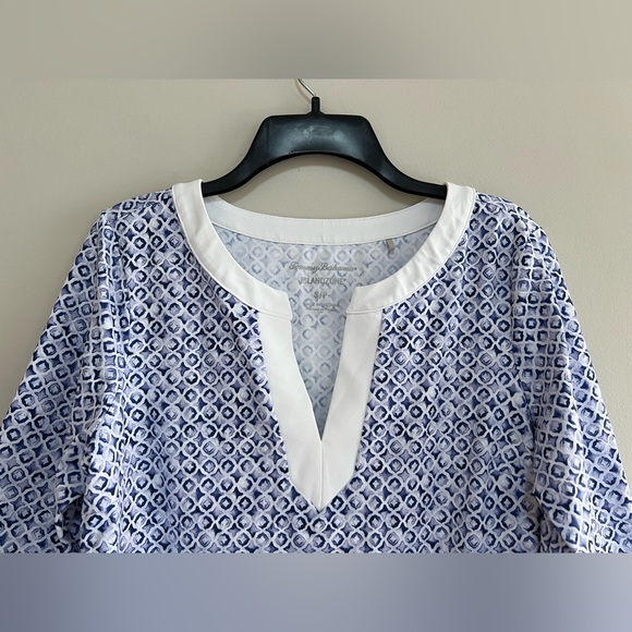 Tommy Bahama Islandzone 3/4 Sleeve Tile Print Isle Tunic Dress, Blue & White, SP - Picture 4 of 11
